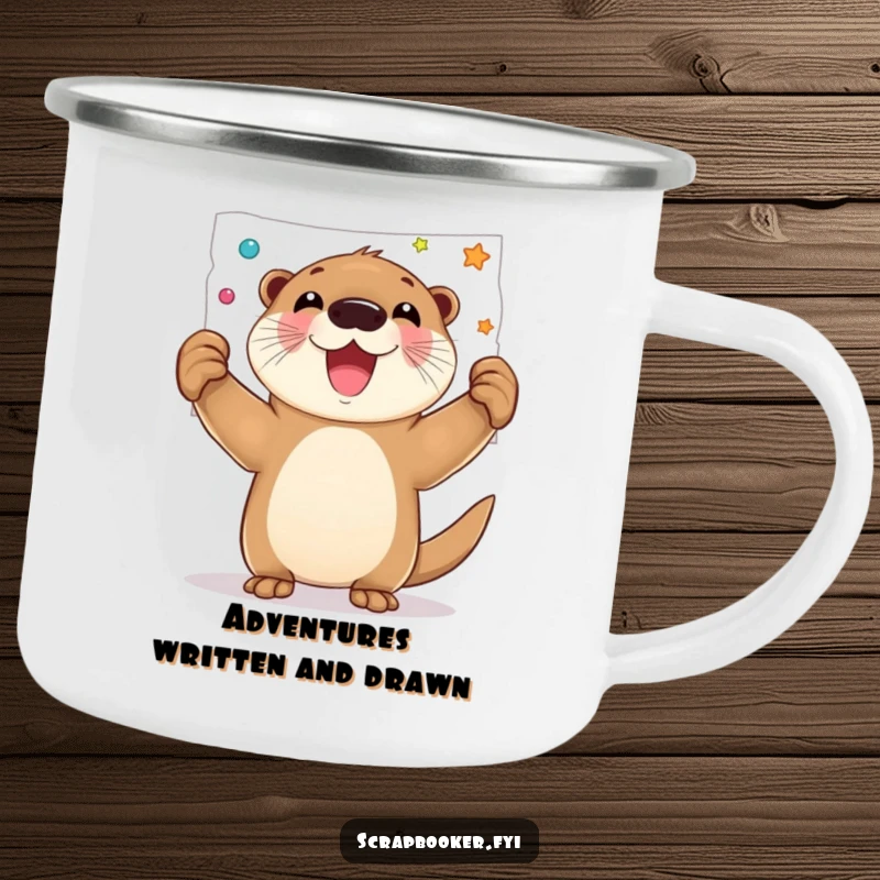 Funny camping mug with a joyful otter proudly holding up a finished decorated page, celebrating art outdoors.