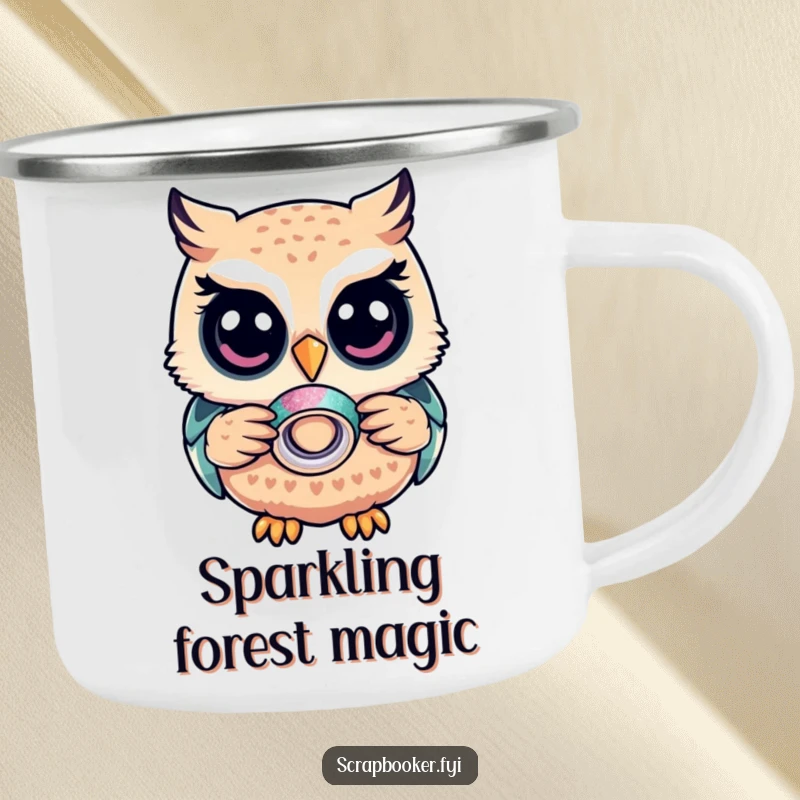 Funny Owl Camping Mug: A wise owl with glitter tape, adding fun to outdoor drinks, a durable and humorous choice.