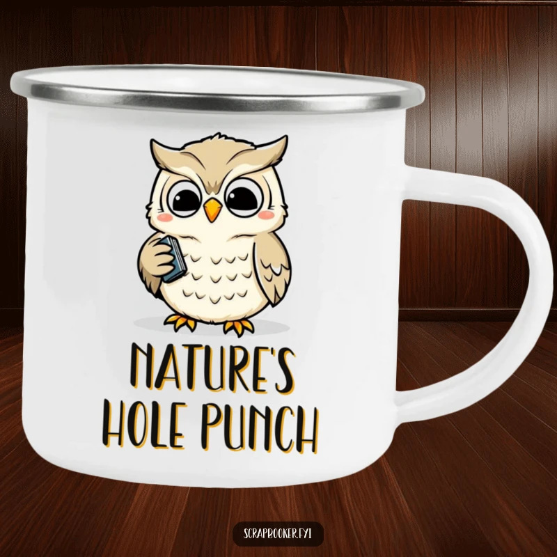 Funny camping mug with a wise owl precisely and happily using a hole punch, perfect for organized campers and outdoor adventures.