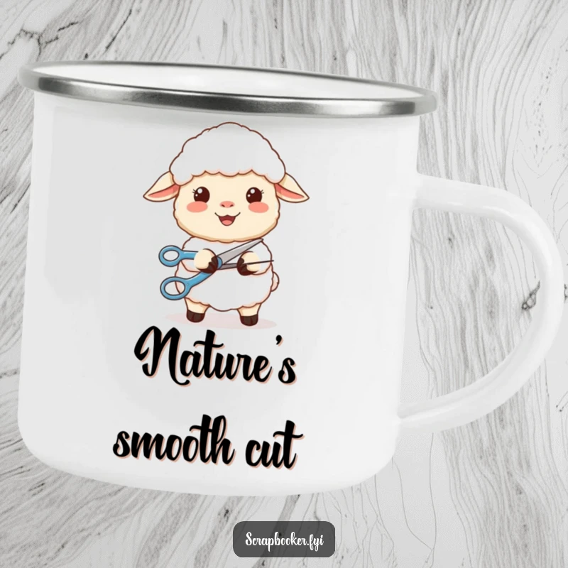 Funny camping mug with a content sheep smiling while precisely cutting a perfect curve with scissors, perfect for outdoor crafting.