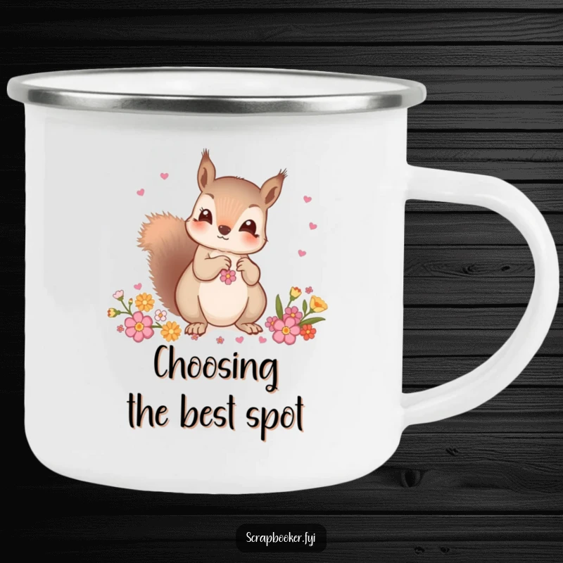 Funny camping mug with a curious squirrel carefully choosing decorative embellishments, bringing decorating fun to outdoor explorations.