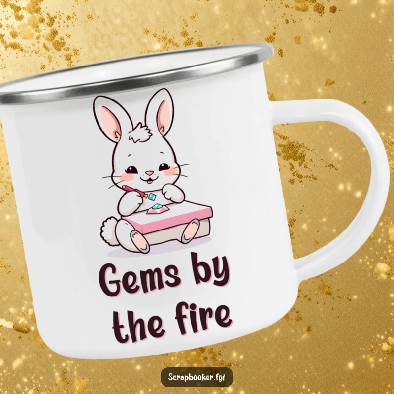 Funny Bunny Camping Mug: A playful bunny glues a sparkling gem onto a project, ideal for outdoor crafting sessions.