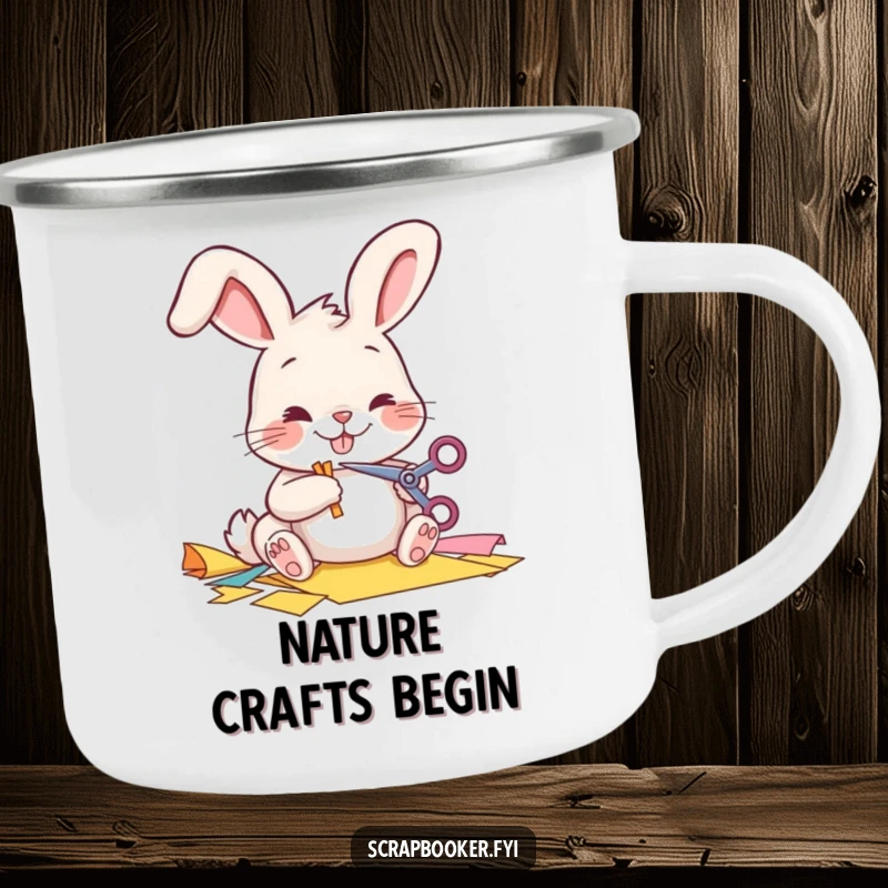 Funny Camping Mug showing a cheerful bunny cutting paper, ideal for creative outdoor enthusiasts.