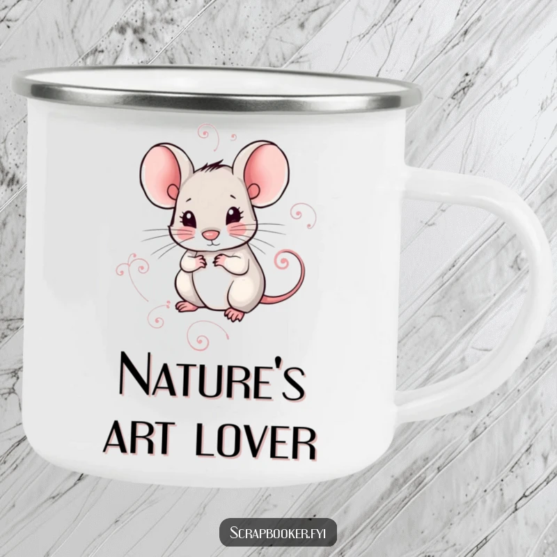 Funny camping mug showing a mouse meticulously drawing a decorative swirl with intense focus. Durable and humorous for outdoor artists.