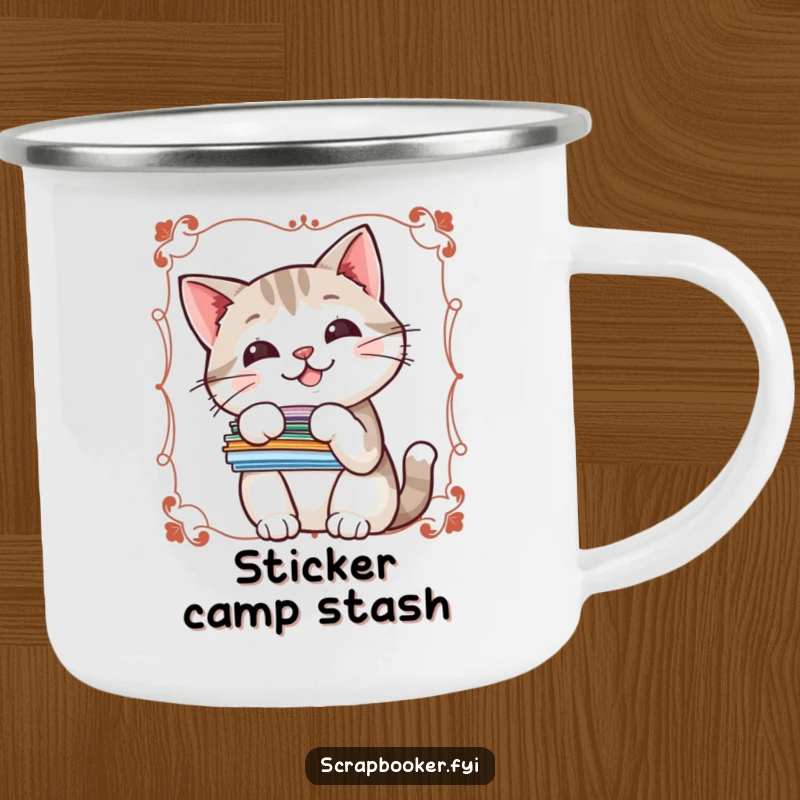 Funny camping mug featuring a cheerful cat with stickers, perfect for enjoying drinks in the great outdoors.