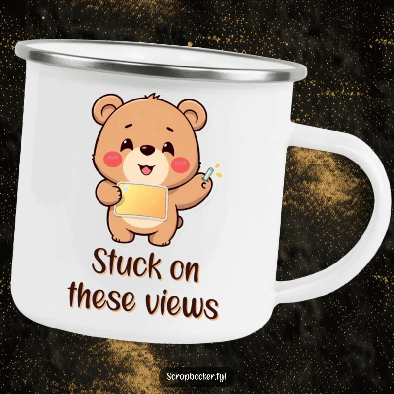 Funny camping mug with a cheerful bear carefully gluing a shiny sticker into place, bringing crafting joy to outdoor adventures.