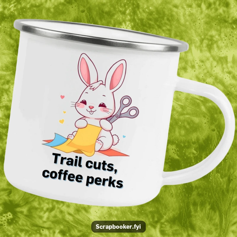 Funny camping mug with a happy rabbit diligently cutting colorful paper with scissors, bringing crafting joy to outdoor adventures.