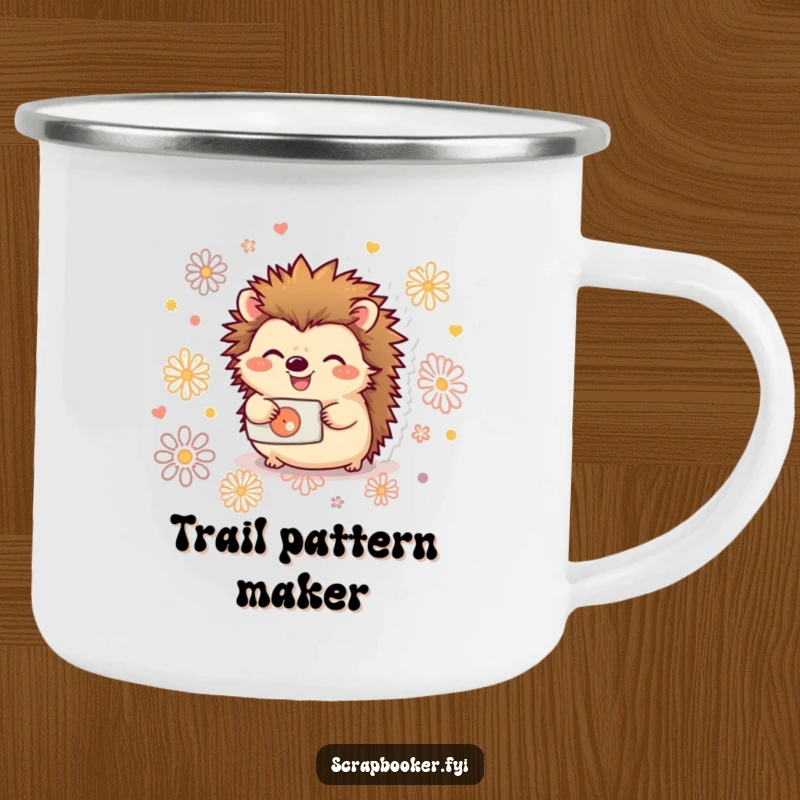 Funny camping mug with a joyful hedgehog happily using a hole punch to create decorative patterns, perfect for crafters.