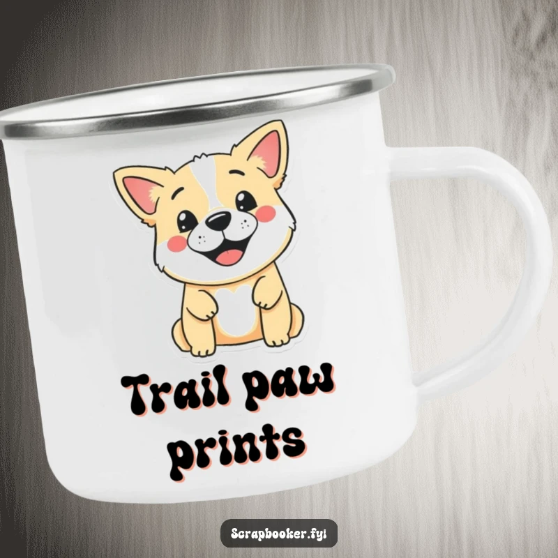 Funny camping mug featuring a smiling dog character stamping a cute design onto a blank page, bringing canine humor to outdoor settings.