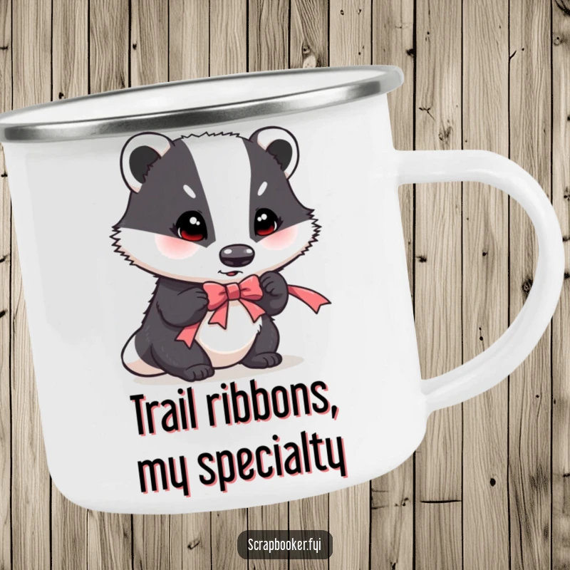 Funny camping mug with a determined badger meticulously placing a ribbon accent, ideal for outdoor crafting enthusiasts.