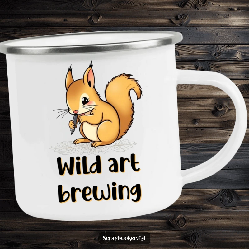 Funny camping mug depicting a determined squirrel artist drawing intricate patterns with a fine-tip pen, ideal for outdoor creative sessions.