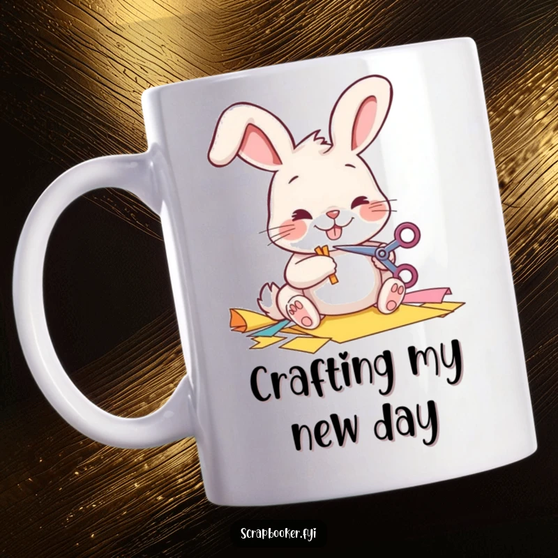 Funny Mug showing a cheerful bunny meticulously cutting colorful paper with tiny scissors, celebrating creativity.