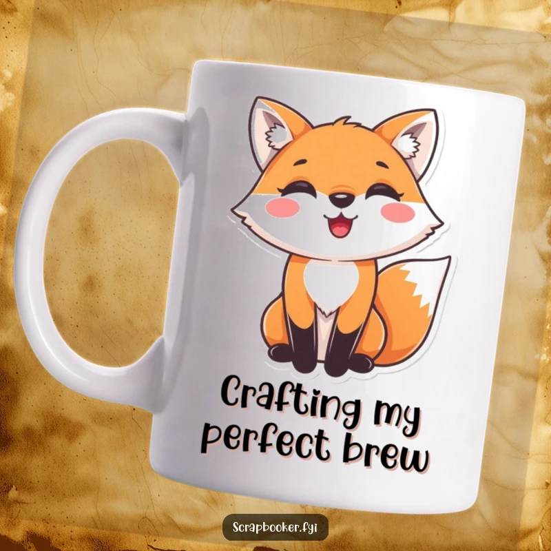 Funny fox mug featuring a fox with a delighted expression, happily gluing decorative paper, highlighting creative joy. Ideal gift.