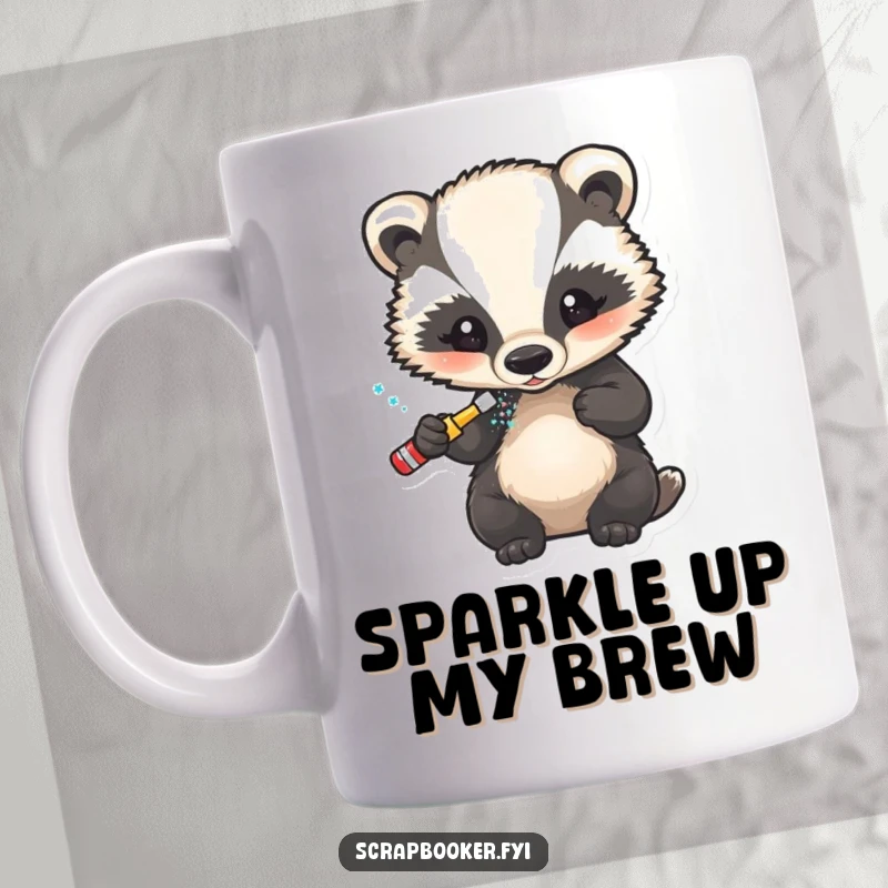 Funny mug showing a little badger carefully applying glitter with a brush to a completed craft project.