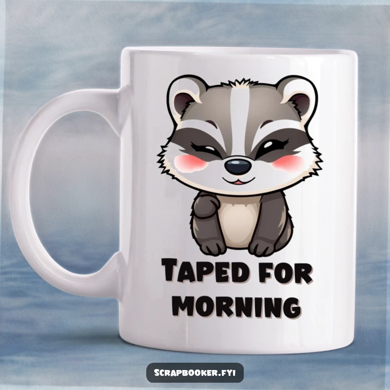 Funny Badger Mug showing a winking badger adding a final flourish of decorative tape, perfect for crafters.