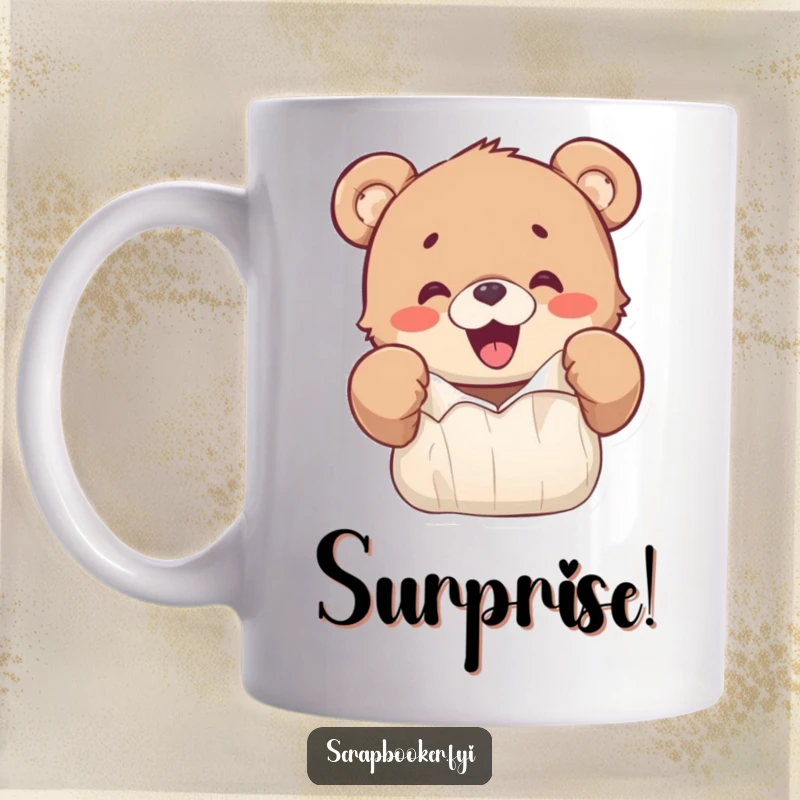 Funny mug featuring a happy bear cub excitedly ripping colorful paper with its paws, showing pure delight.