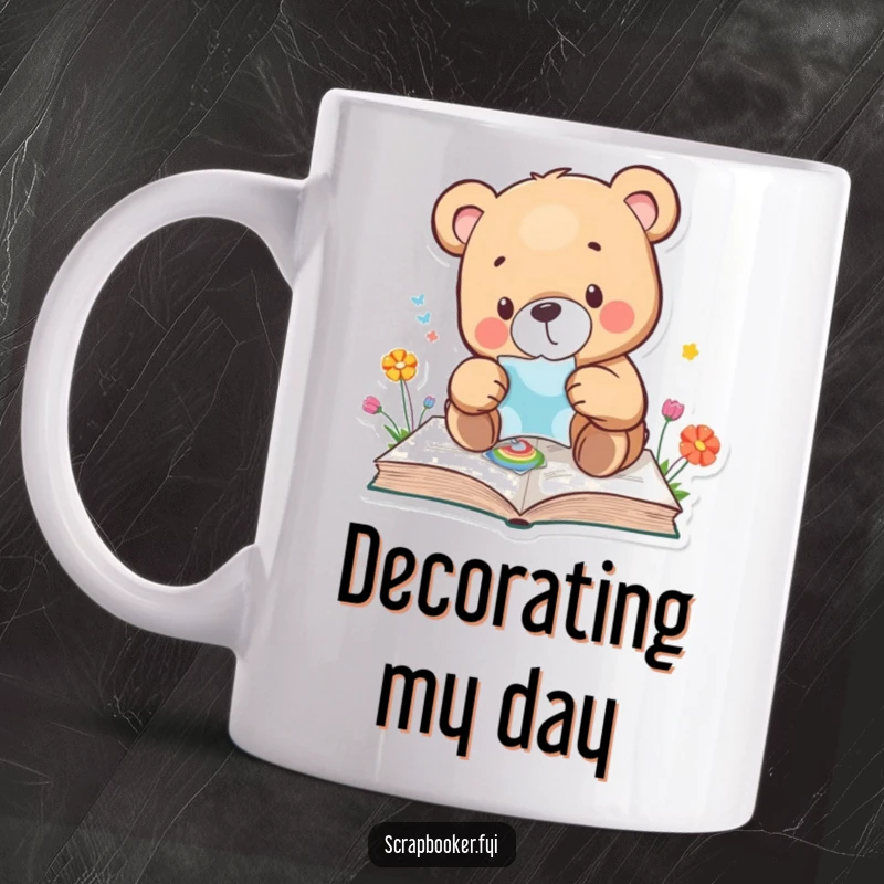 Funny bear mug featuring a bear meticulously placing a sticker on a colourful page, highlighting patience and creativity. Ideal gift.