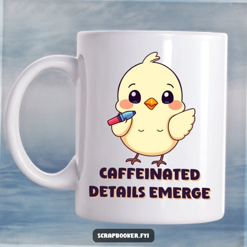 Funny mug with a tiny bird meticulously using a colorful pen to add details, showcasing artistic focus.