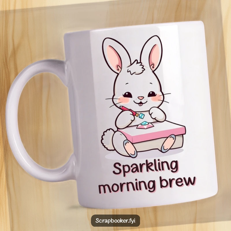 Funny Bunny Mug: A playful bunny happily glues a sparkling gem onto a project, radiating crafty joy.