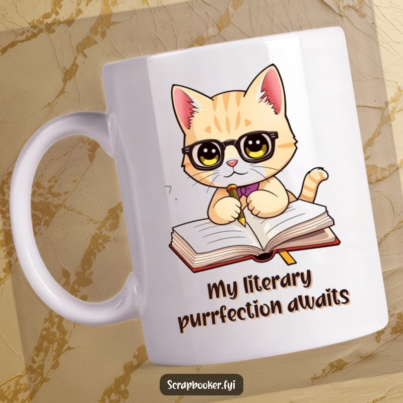 Funny cat mug with a distinguished feline carefully marking a book page with a luxurious, decorative bookmark. A true reader's delight.