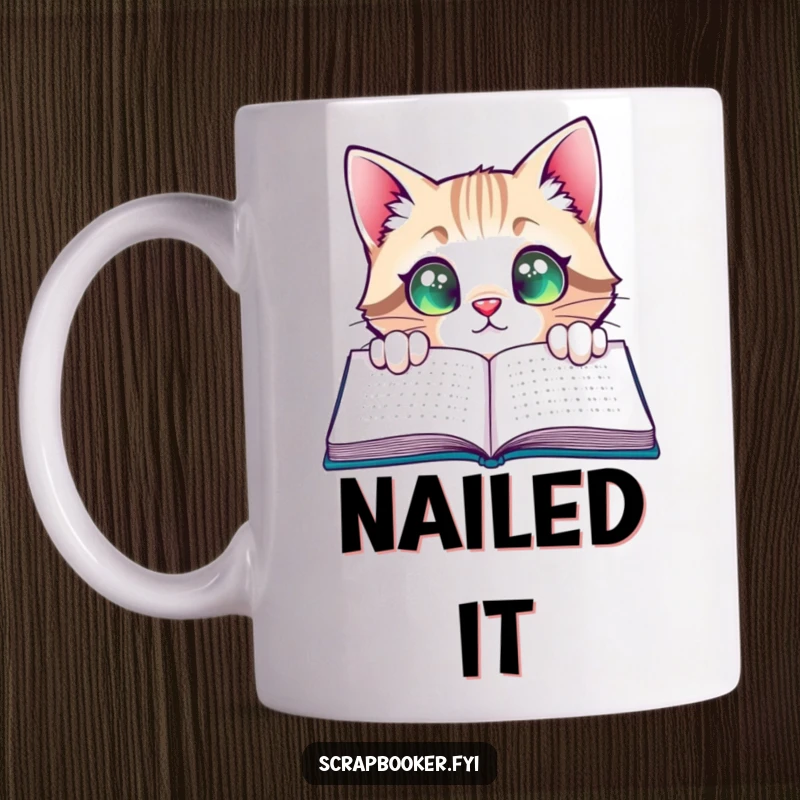 Funny Cat Mug: A curious cat peeking at a completed page with wide eyes, expressing pure satisfaction and accomplishment.