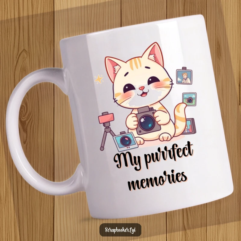 Funny Mug showing a happy cat focused on organizing photographs, representing order and memory keeping.