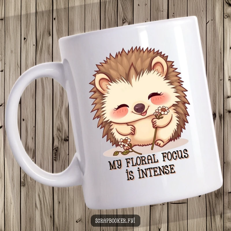 Funny hedgehog mug giggling while placing a tiny dried flower, showcasing delicate artistic focus and playful joy.