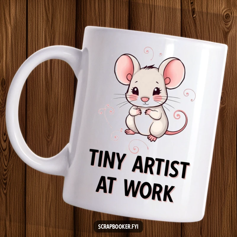 Funny mug showcasing a small mouse meticulously drawing a delicate, decorative swirl with precision and focus. Artful and charming.