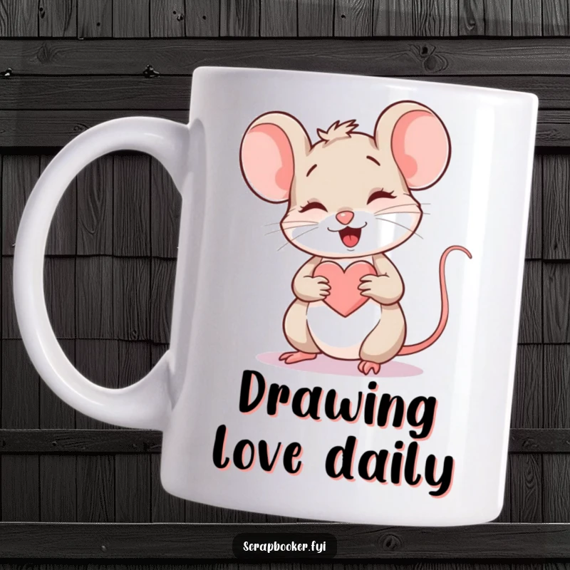 Funny Mouse Mug: A giggling mouse joyfully drawing a heart with a colored pencil, celebrating love and art, a cute gift.