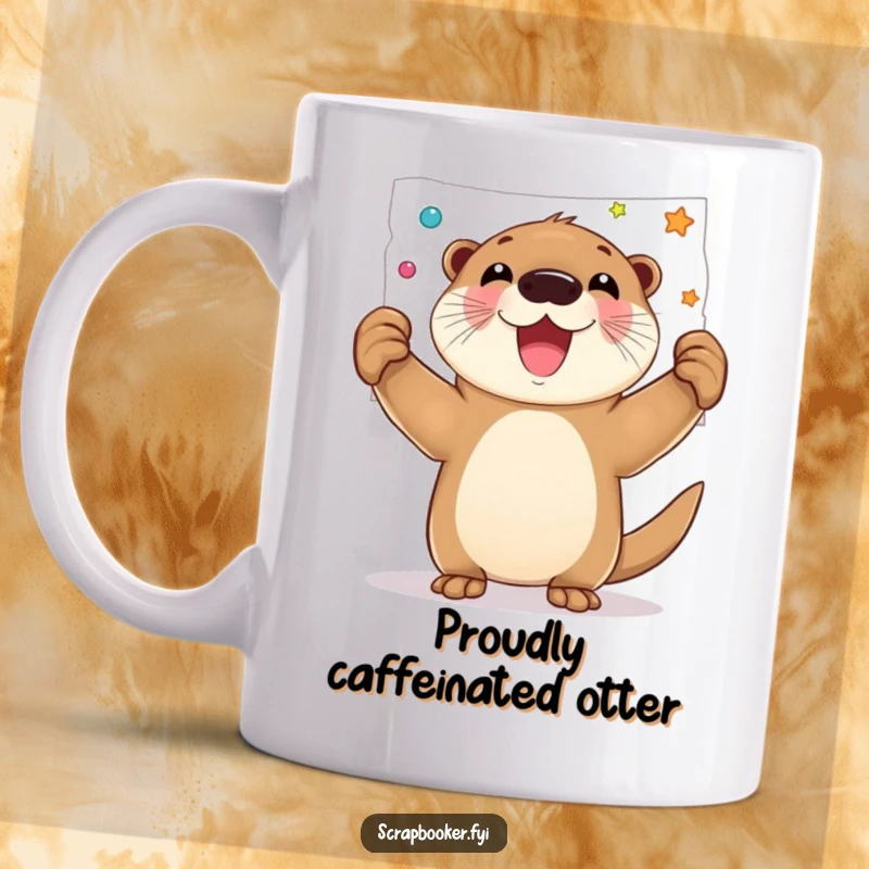 Funny mug with a joyful otter proudly holding up a finished, decorated page, celebrating artistic success.