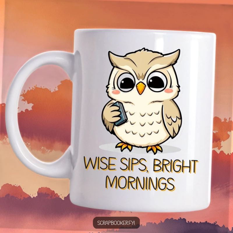 Funny mug featuring a wise owl happily and precisely using a hole punch, showcasing efficiency and a cheerful demeanor.
