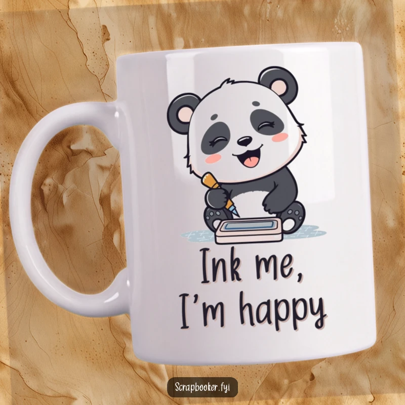 Funny mug with a giggling panda joyfully stamping a pattern using a small ink pad, capturing pure delight.
