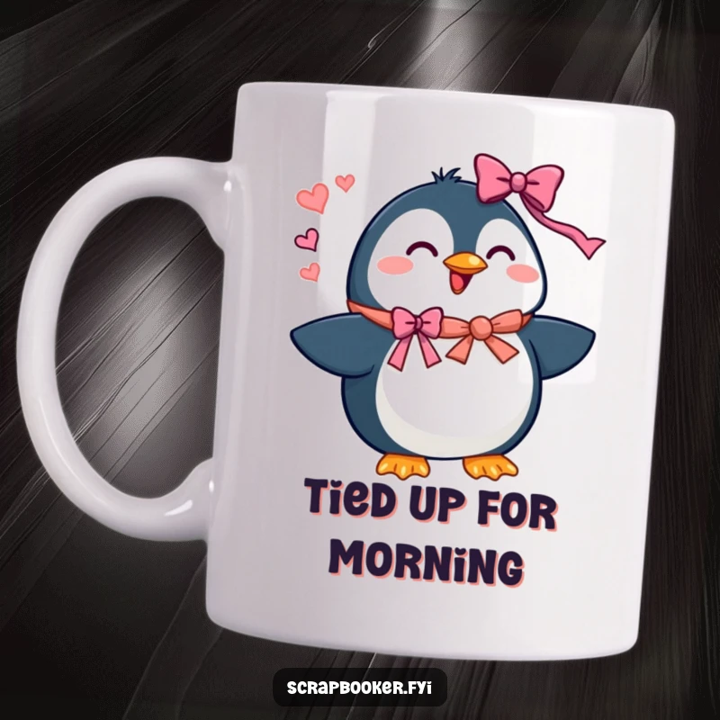 Funny penguin mug of a beaming character enthusiastically adding ribbons and bows, perfect for gift decorating.