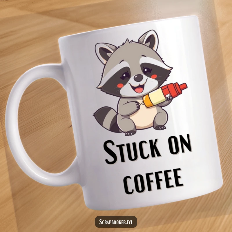 Funny mug with a mischievous raccoon grinning widely while holding and using a glue stick, depicting a crafty personality.