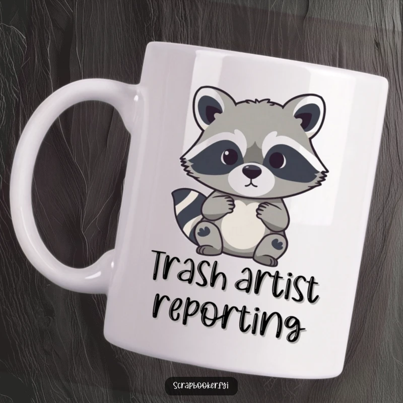 Funny mug showing a curious raccoon carefully using scissors to cut out a paper silhouette with focus.