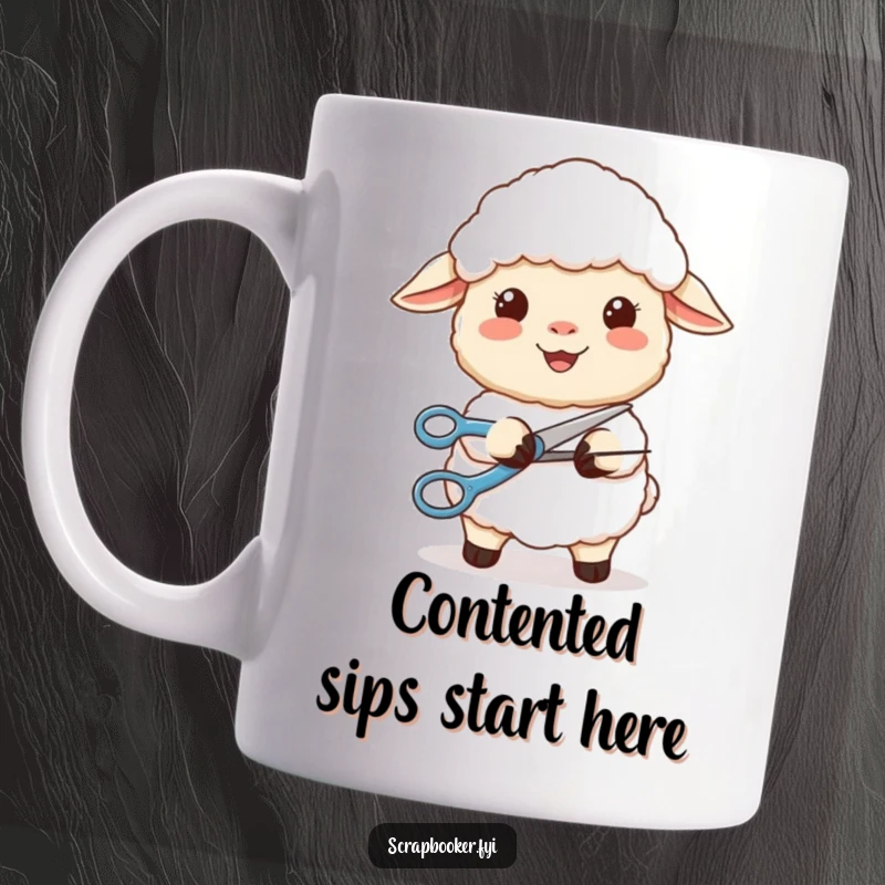 Funny mug showing a content sheep smiling while precisely cutting a perfect curve with scissors.