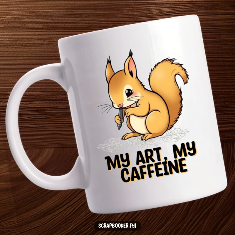 Funny mug featuring a determined squirrel holding a fine-tip pen, meticulously drawing intricate patterns with intense focus and artistic flair.