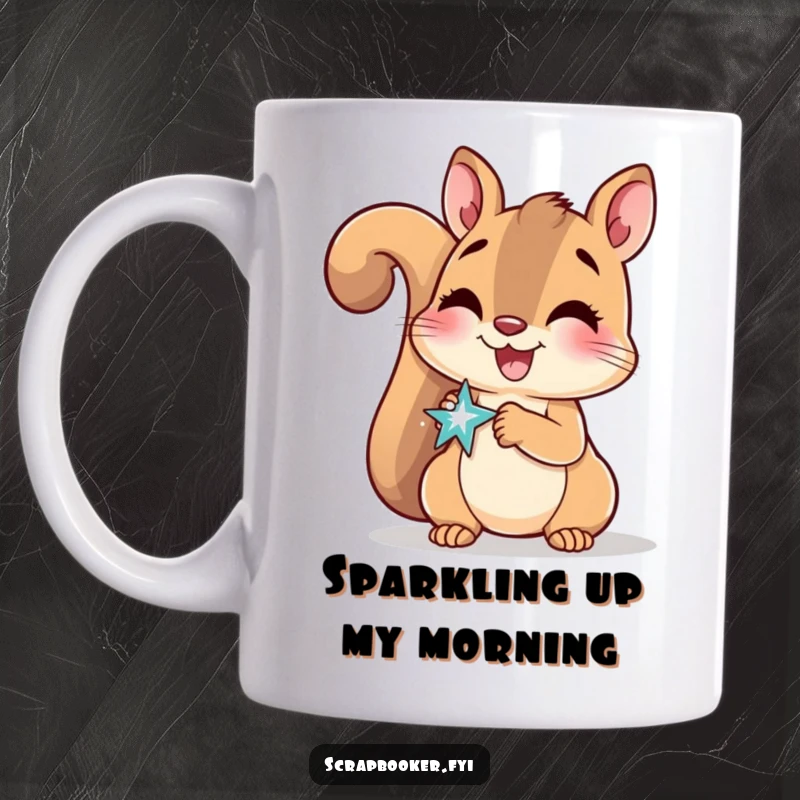 Funny Mug showing a delighted squirrel smiling while gluing a sparkly sticker onto a page.