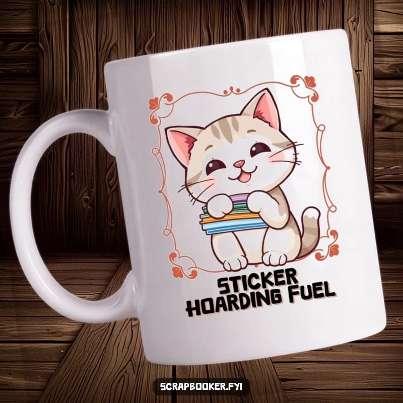 Funny mug showing a cheerful cat peeking from behind a border, holding a stack of colorful stickers.