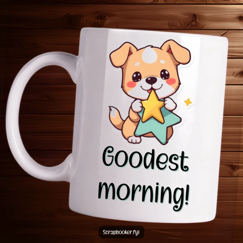 Funny dog mug featuring a playful dog pasting a sticker of a star, radiating happiness and rewarding energy.