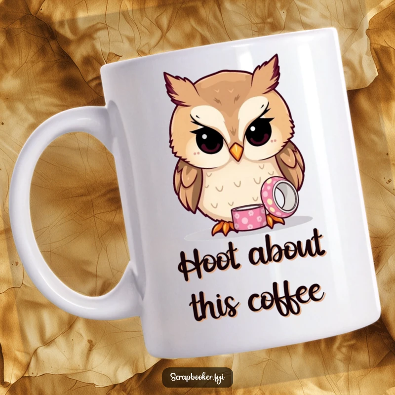 Funny owl mug showing a curious owl intently examining a tiny roll of patterned tape, perfect for stationery lovers.