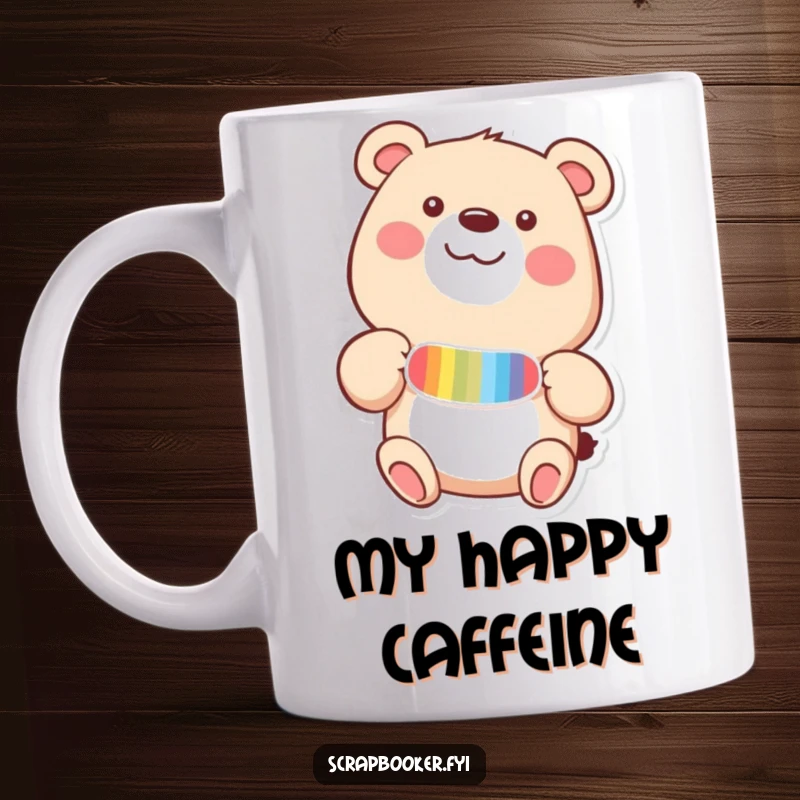 Funny mug with a happy bear adding a colorful sticker to a page with delight, conveying cheerful crafting.