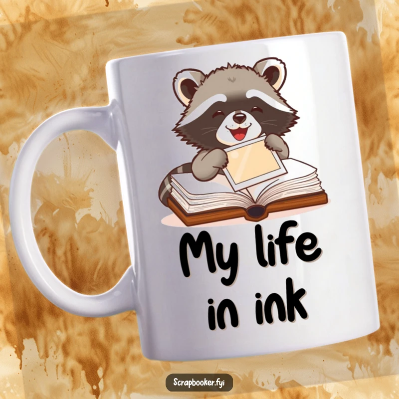 Funny Raccoon Mug showing a delighted raccoon meticulously pasting a photo into a scrapbook, perfect for crafters.