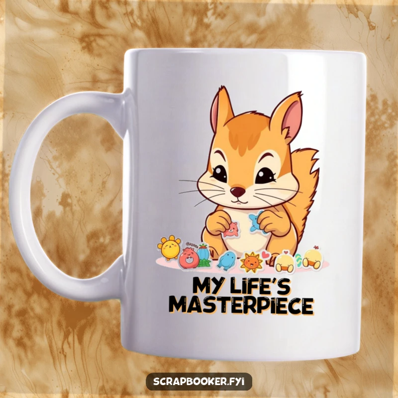 Funny mug with a focused squirrel applying tiny stickers with intense concentration, ideal for craft enthusiasts and animal lovers.
