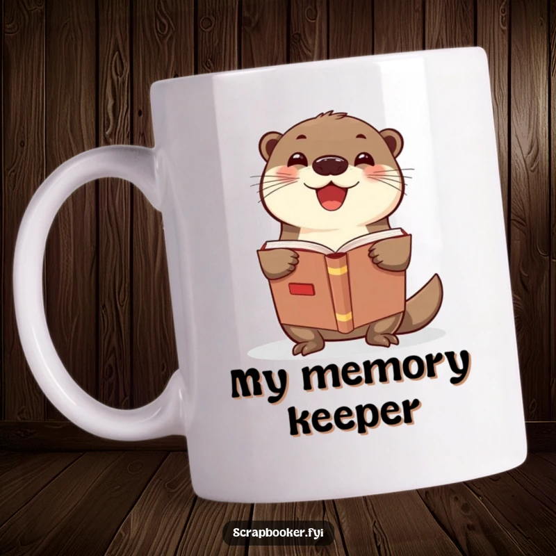 Funny otter mug shows a delighted otter proudly holding open a scrapbook, perfect for crafty gift seekers.