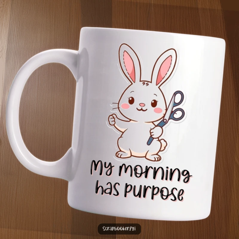 Funny Mug: Energetic rabbit artist gleefully cutting out vibrant shapes with oversized scissors, a humorous portrayal of crafting passion.