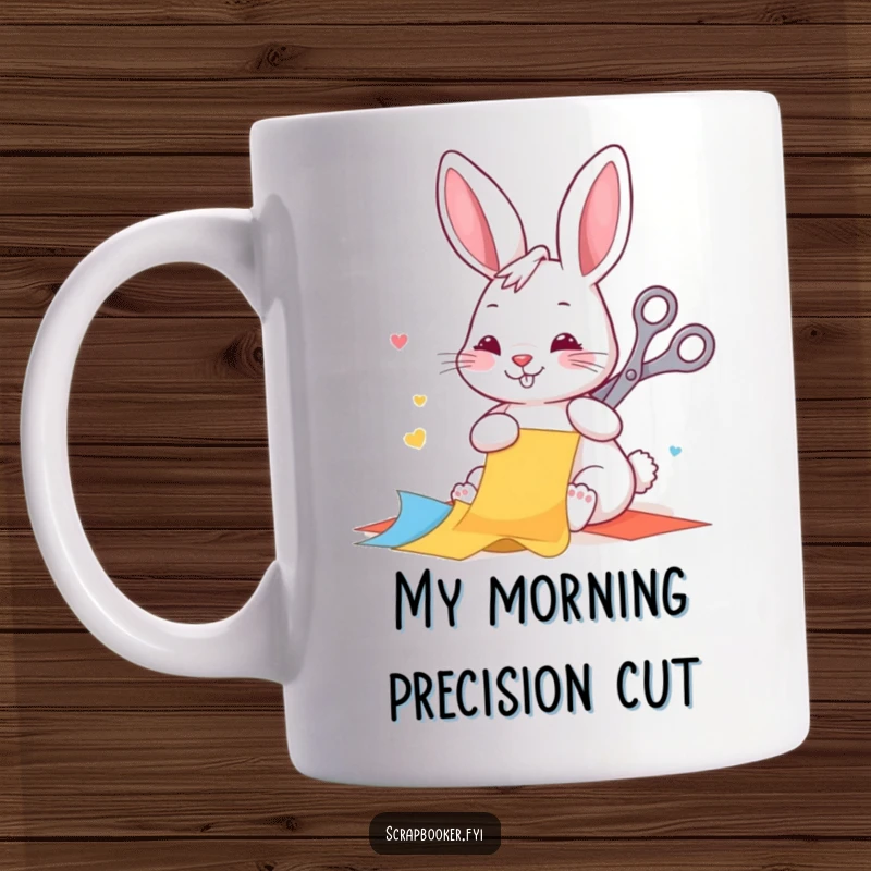 Funny mug with a happy rabbit diligently cutting colorful paper with scissors, showcasing creativity and joy for crafters.