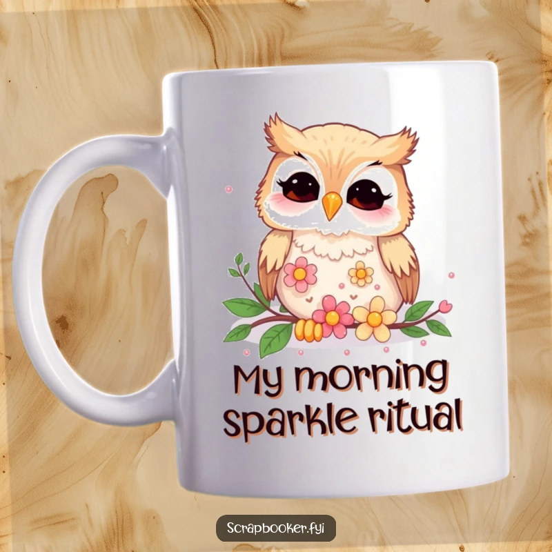 Funny giggling owl with flower sequins on a mug, expressing joy and creativity in a humorous design.