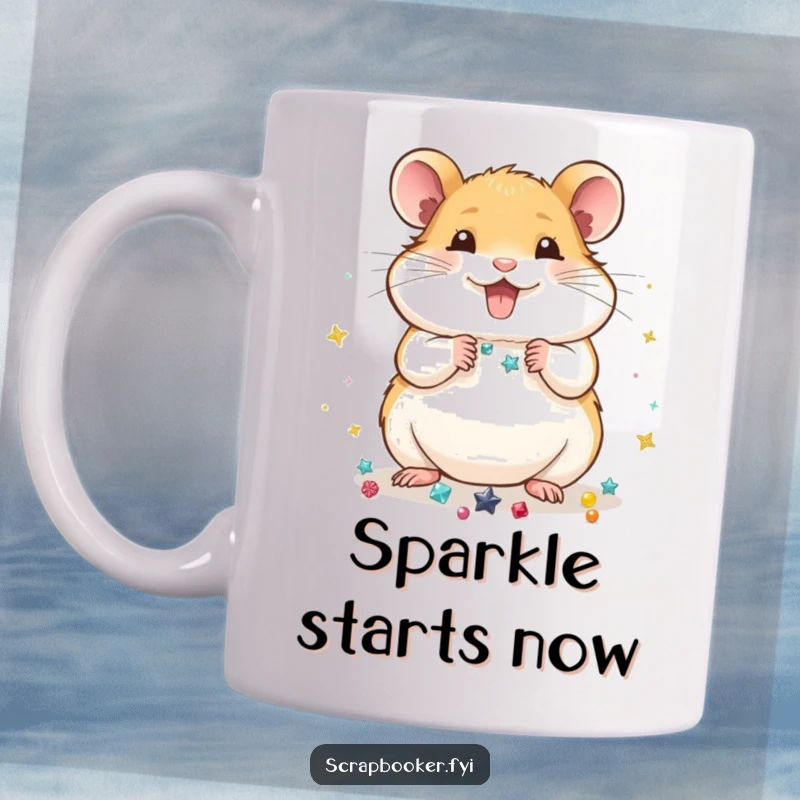 Funny Mug: A cheerful hamster meticulously arranging small, shiny embellishments with tiny paws, symbolizing delightful craftiness.