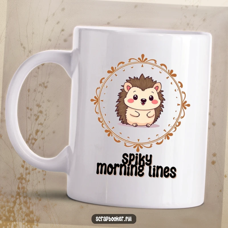 Funny hedgehog mug featuring a cheerful character drawing a decorative border, perfect for artistic humor.